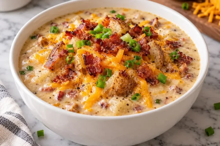 Loaded baked potato soup topped with bacon, cheddar and green onions in a white bowl