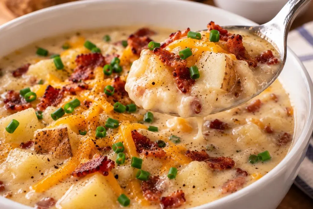 Spoonful of loaded baked potato soup with melted cheddar and crispy bacon