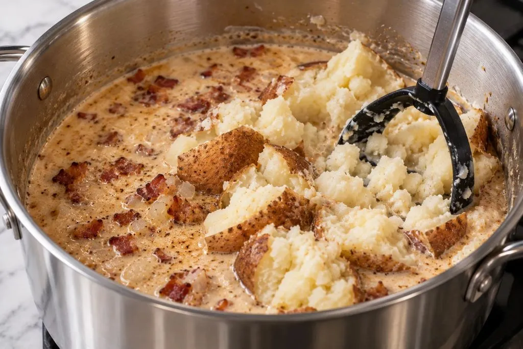 Mashing baked potatoes with a potato masher to thicken loaded baked potato soup