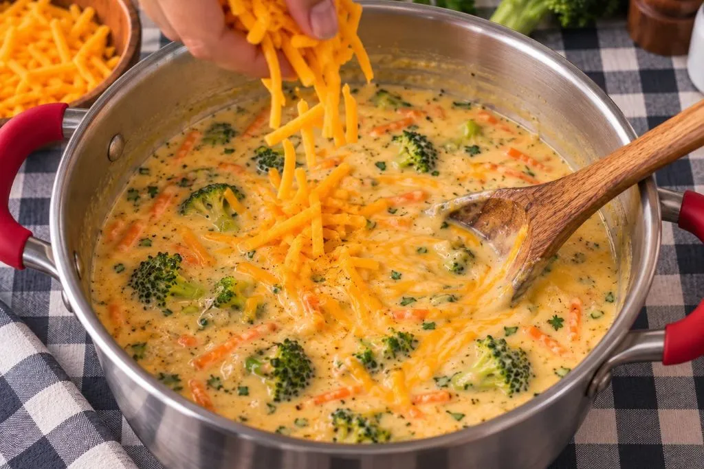 Melting shredded cheddar into broccoli cheddar soup