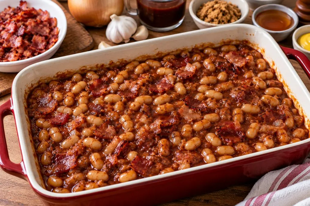 Navy beans coated in BBQ sauce and topped with bacon in a baking dish before baking