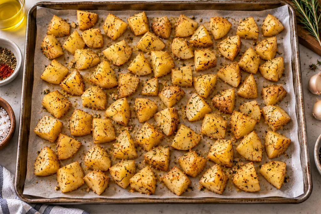 Seasoned potato chunks spread on a baking sheet before roasting