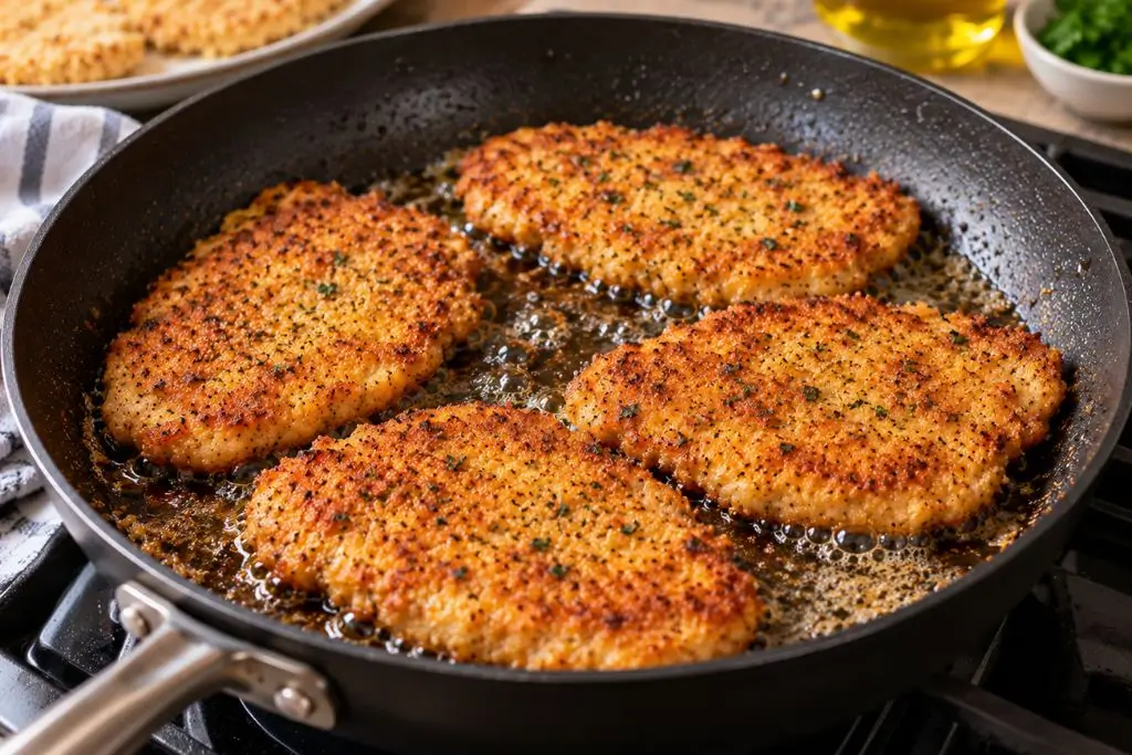 Breaded chicken cutlets pan-frying until golden brown