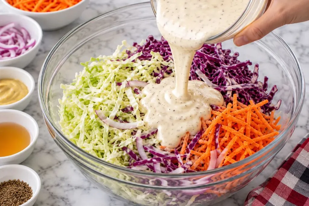 Hand pouring creamy dressing over shredded green cabbage, red cabbage and carrots in a large glass bowl