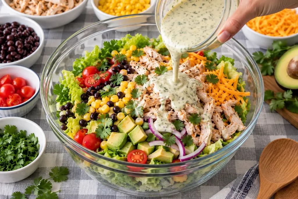 Hand pouring creamy chipotle-lime dressing over a bowl of southwest chicken salad with chicken, corn, black beans and avocado