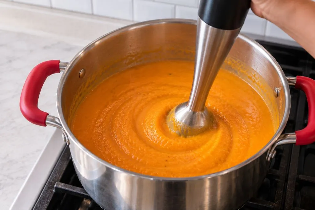 Immersion blender pureeing butternut squash soup until smooth in a pot