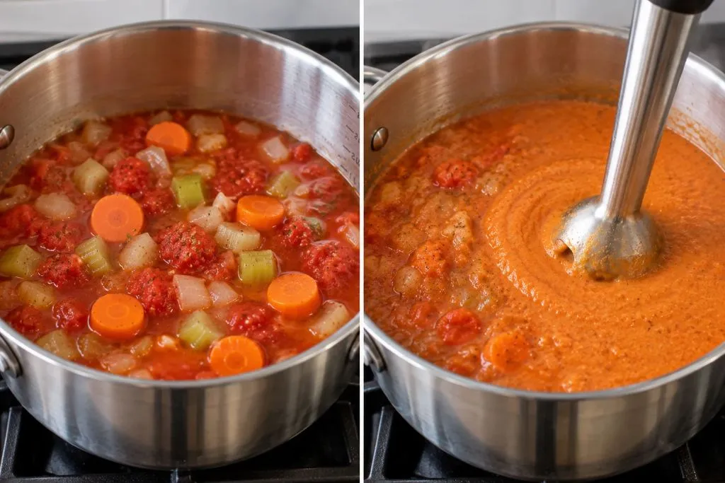 Immersion blender pureeing tomato basil soup until smooth in a pot