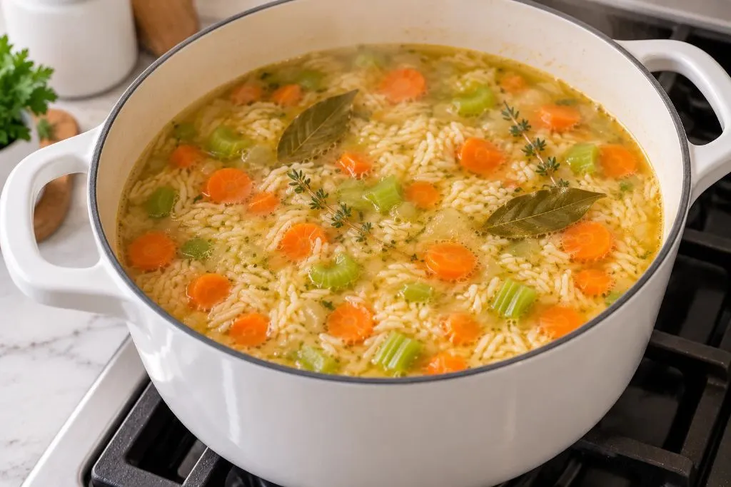Rice simmering in chicken broth with carrots, celery, bay leaves and thyme in a pot