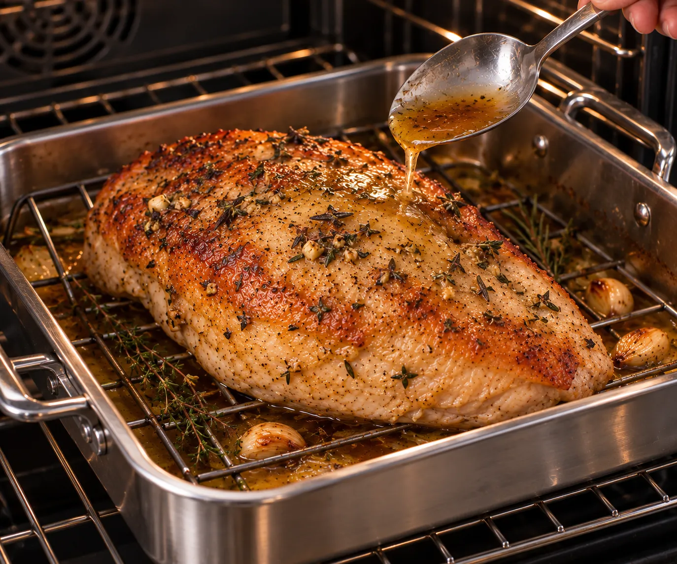 Basting a roasted turkey breast with pan juices on a rack inside a roasting pan