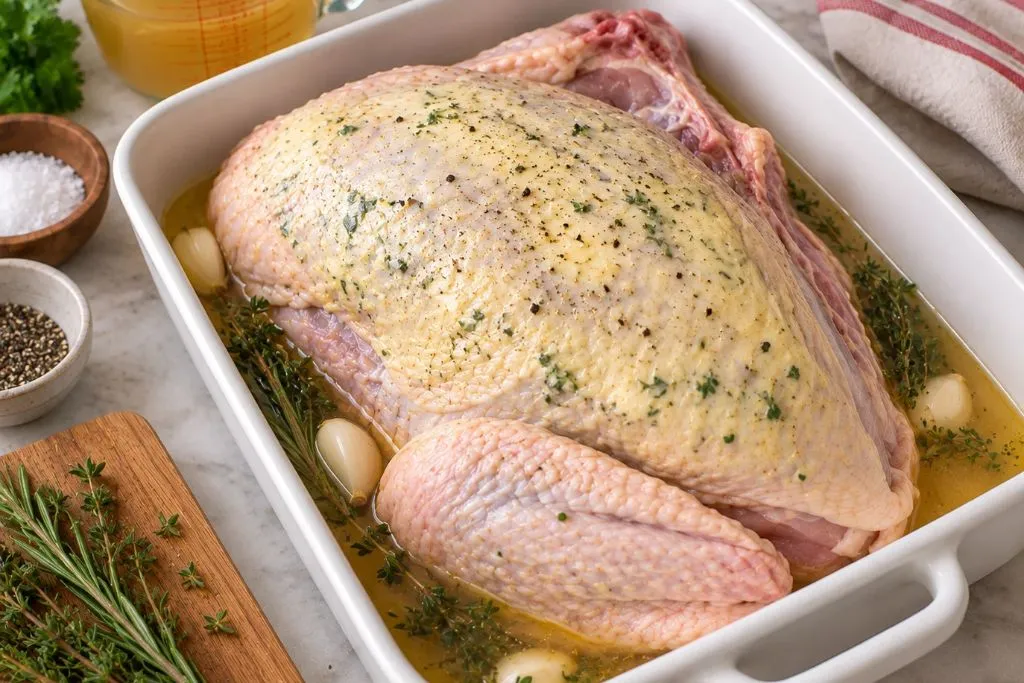 Buttered and seasoned turkey breast in a roasting pan with broth and garlic, ready to go in the oven