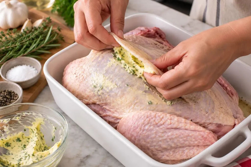 Hands tucking herb butter under the skin of a raw turkey breast before roasting