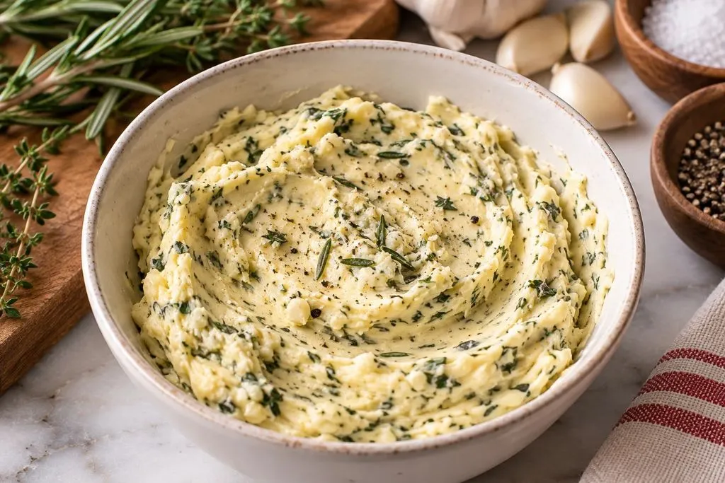 Close-up of the herb butter mixture with garlic and fresh herbs before spreading under the turkey skin