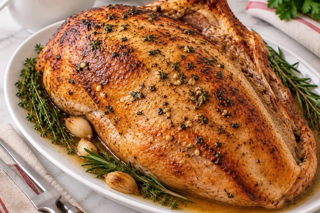 Whole roasted turkey breast with golden crispy skin on a serving platter