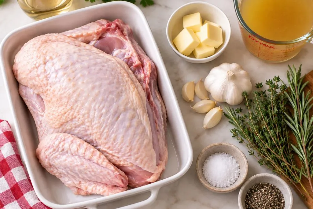 Raw bone-in turkey breast with butter, garlic, broth and fresh herbs laid out for roasting