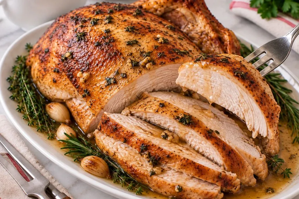 Fork lifting a juicy slice of roast turkey breast from a platter