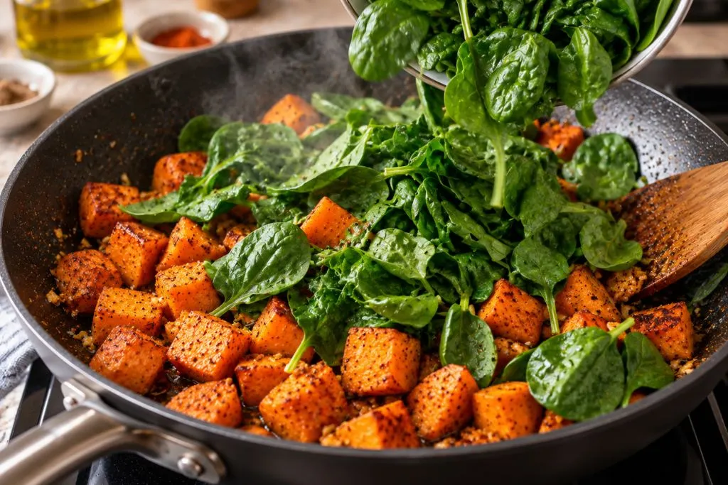 Fresh spinach being added to sauteed sweet potatoes in a skillet