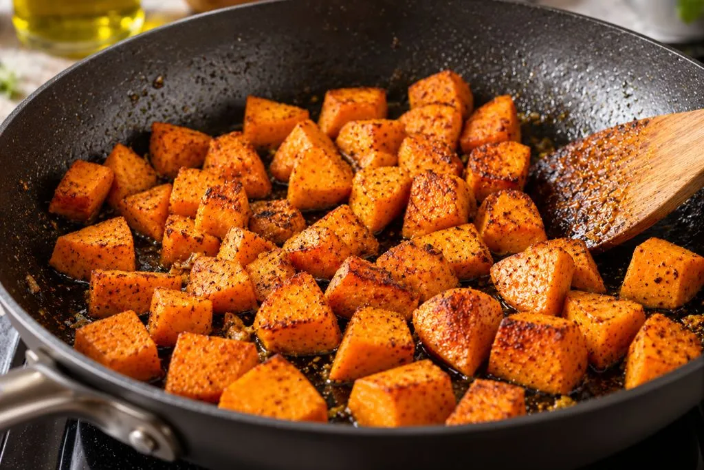Diced sweet potatoes sauteing in a skillet before adding spinach