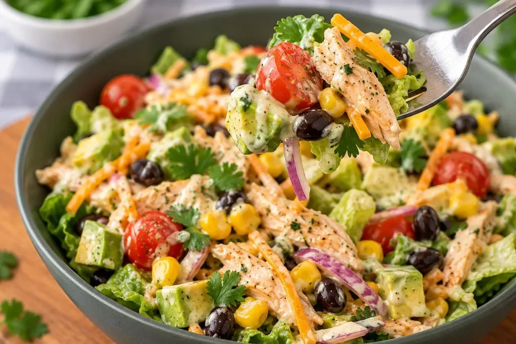 Fork lifting a bite of southwest chicken salad with chicken, tomato, corn, black beans and avocado