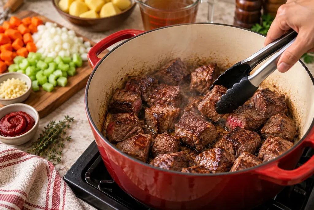 Searing beef chuck cubes in a Dutch oven for vegetable beef stew