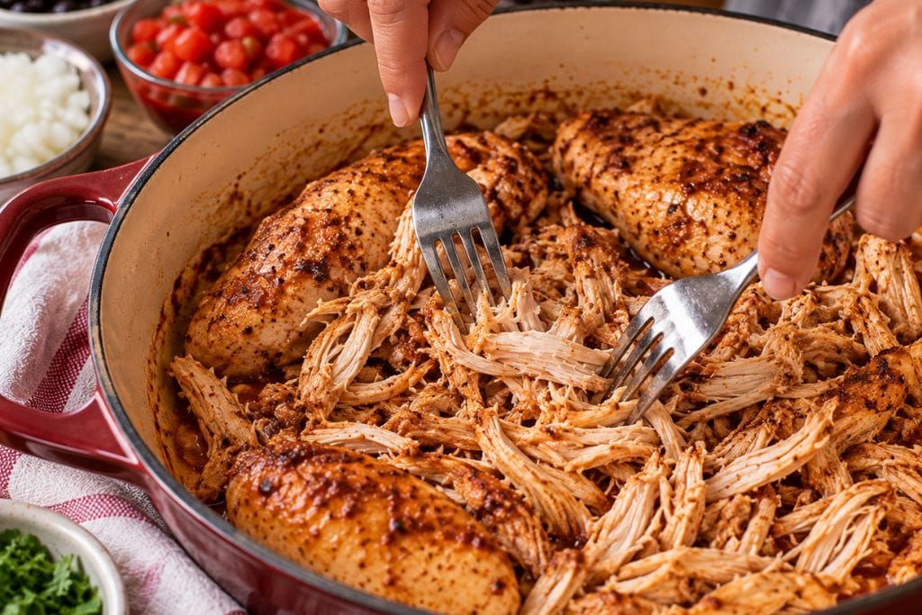 Shredding cooked chicken breast with two forks in the pot for chicken taco soup
