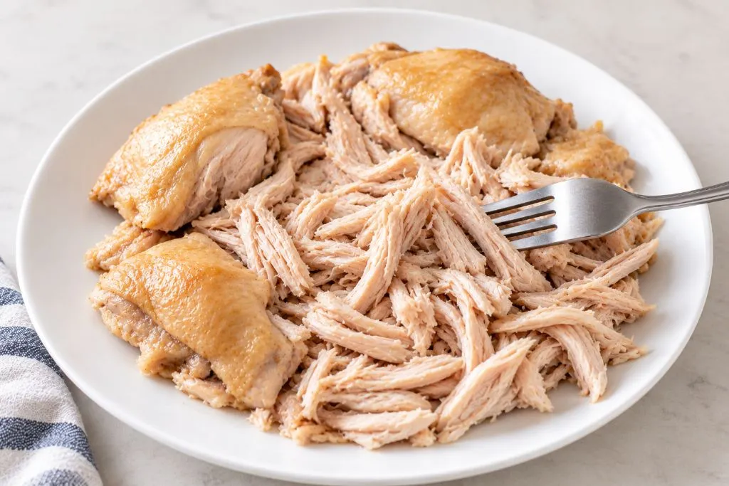 Cooked chicken thighs shredded with a fork on a plate for chicken noodle soup