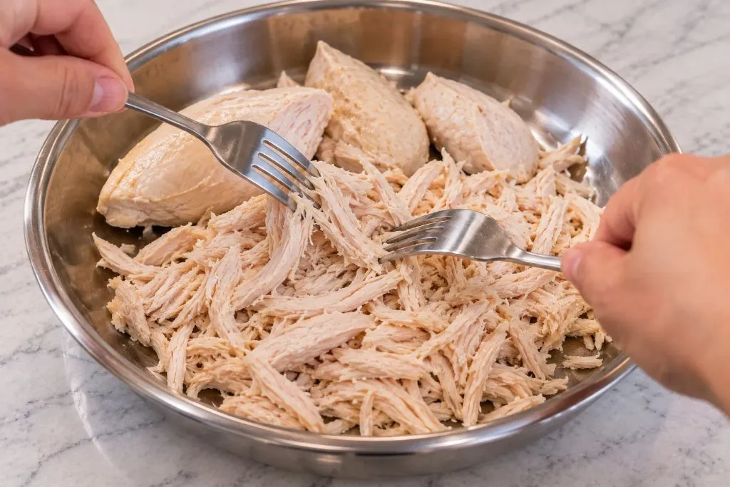 Cooked chicken breast being shredded with two forks for chicken and rice soup