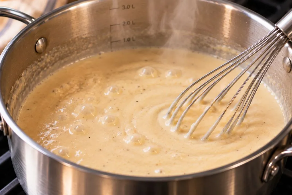 Simmering soup base with flour, broth and milk for loaded baked potato soup