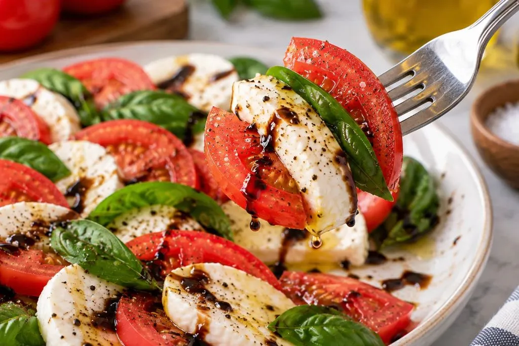 Close up of a fork lifting a bite of caprese salad showing layers of tomato, mozzarella and basil