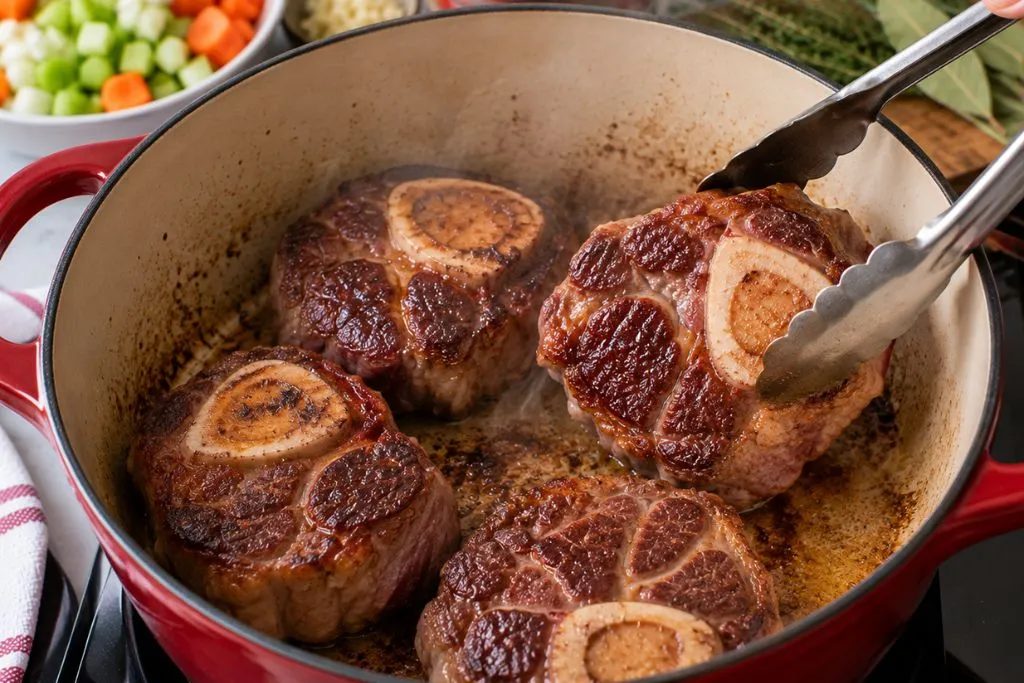 Beef shank searing in a Dutch oven, turned with tongs until browned