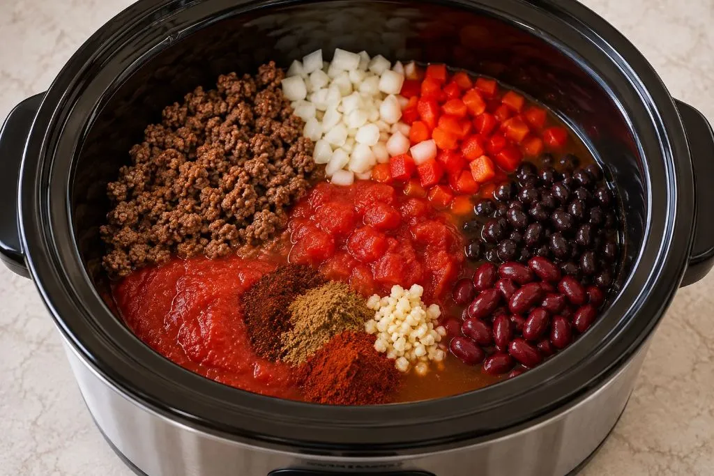 Ground beef, vegetables, tomatoes and beans in a slow cooker before cooking for chili