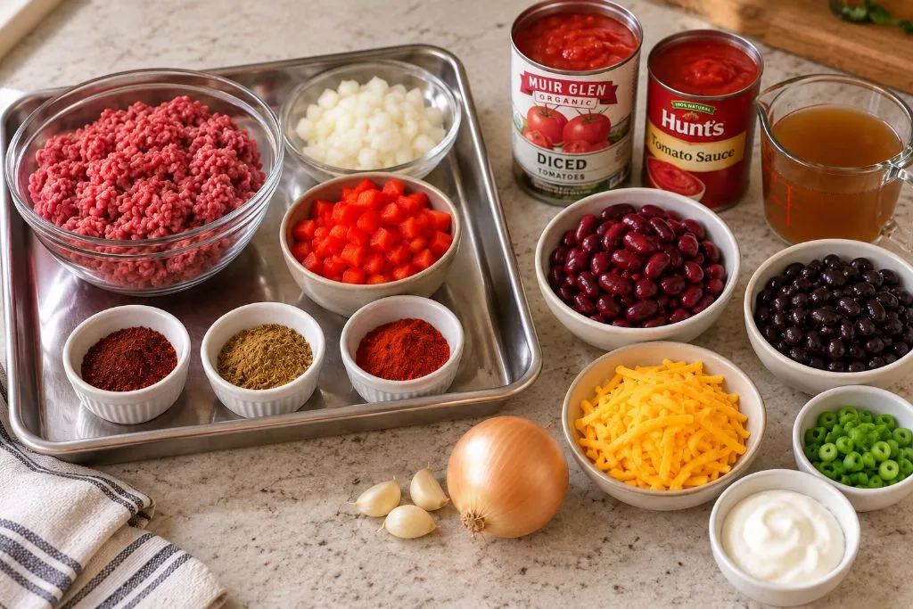 Ingredients for slow cooker chili laid out including ground beef, onion, bell pepper, garlic, chili powder, cumin, smoked paprika, canned tomatoes, kidney beans, black beans and toppings