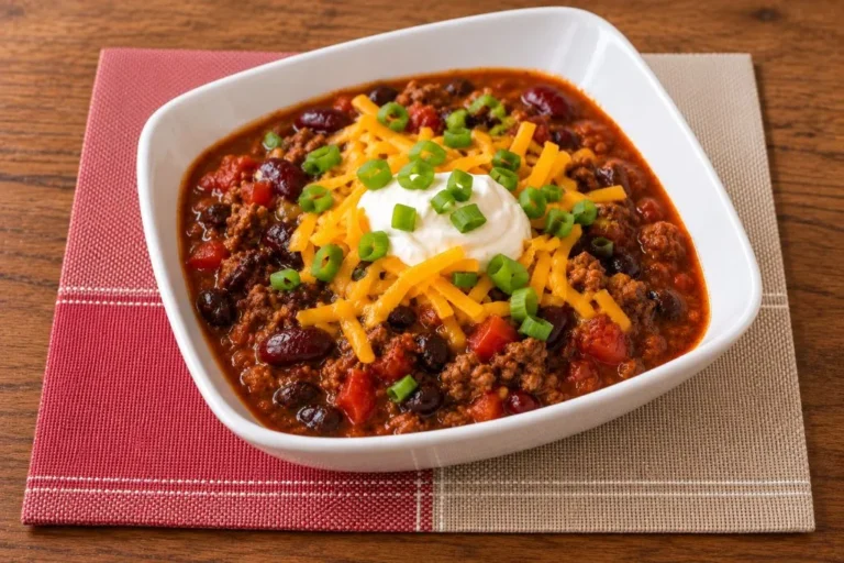 Bowl of slow cooker chili topped with shredded cheddar, sour cream and green onions