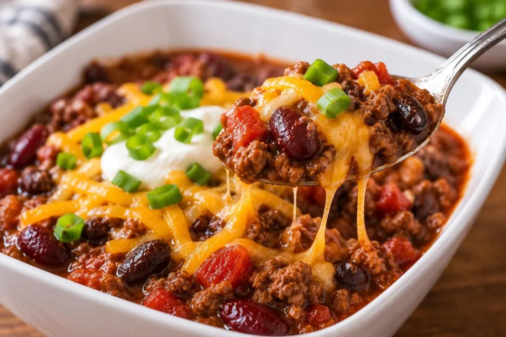 Spoon lifting a bite of slow cooker chili with melted cheddar, sour cream and green onions