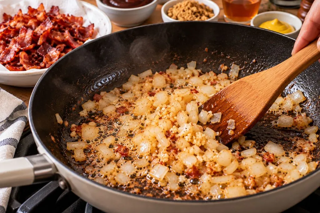 Onion and garlic cooking in reserved bacon fat for baked beans recipe