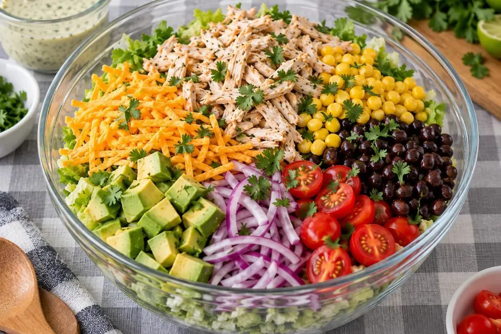 Southwest chicken salad ingredients layered in a glass bowl with chicken, cheddar, avocado, corn, black beans, tomatoes and red onion before tossing