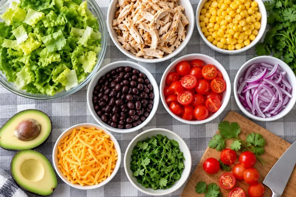 Bowls of chopped romaine, shredded chicken, corn, black beans, cherry tomatoes, red onion, shredded cheddar, cilantro and halved avocado for southwest chicken salad