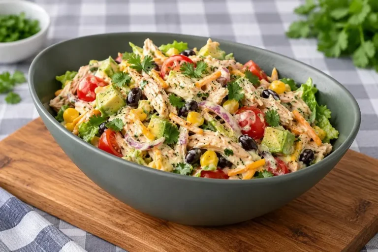 Bowl of southwest chicken salad with chicken, corn, black beans, tomatoes and avocado tossed in creamy dressing