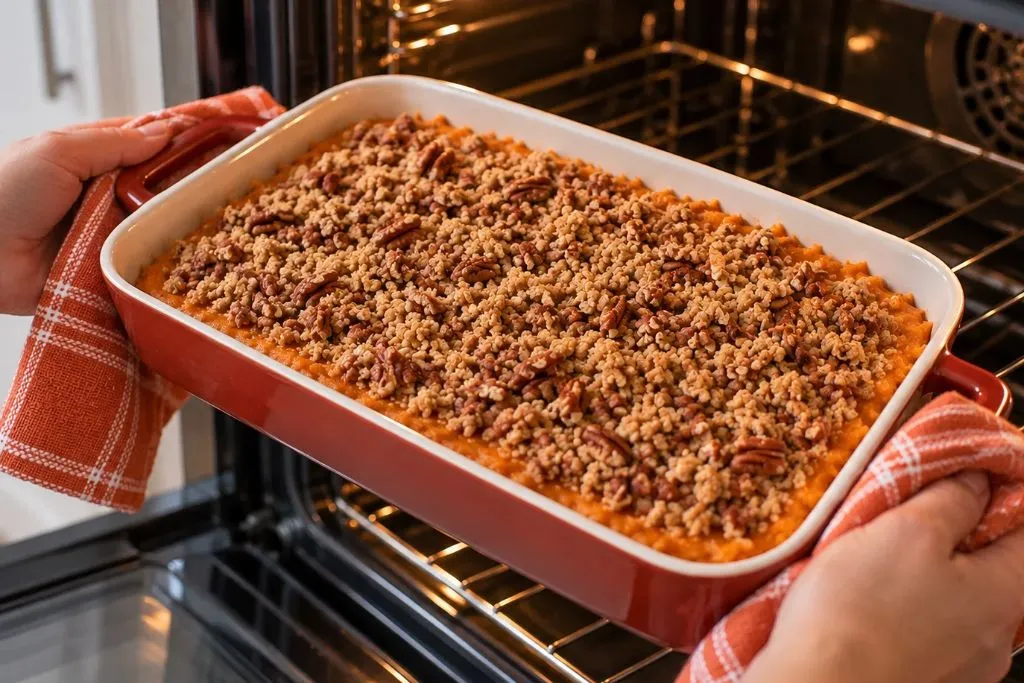 Sweet potato casserole topped with pecan streusel, being placed in the oven