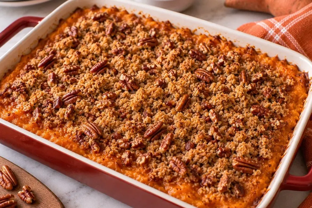 Baked sweet potato casserole with pecan streusel topping in a red baking dish