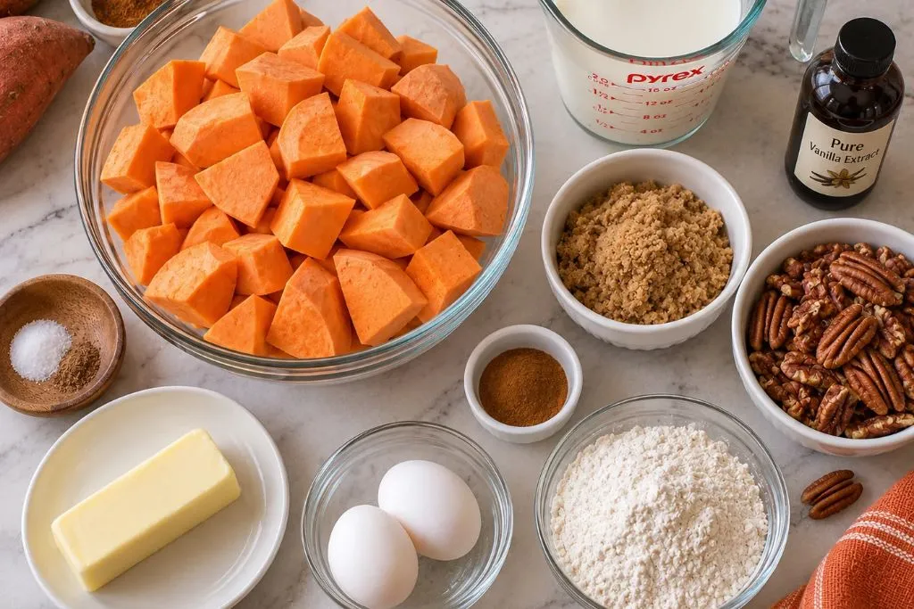 Cubed sweet potatoes, butter, eggs, brown sugar, pecans and spices measured out for sweet potato casserole