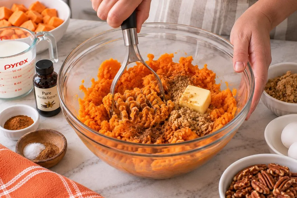 Mashing boiled sweet potatoes with butter and brown sugar in a glass bowl