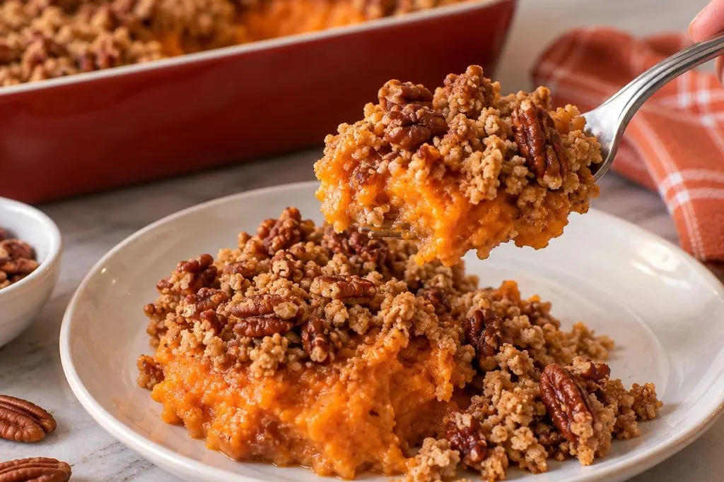 Fork lifting a serving of sweet potato casserole with pecan streusel from a plate