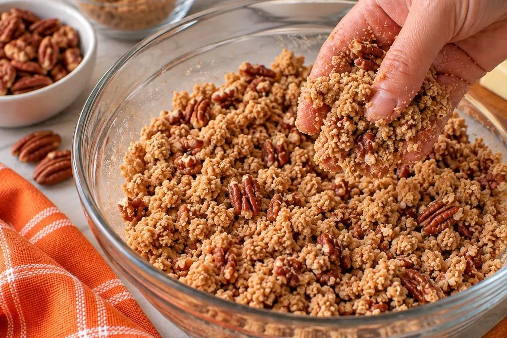 Close-up of pecan streusel topping being mixed by hand with brown sugar and flour