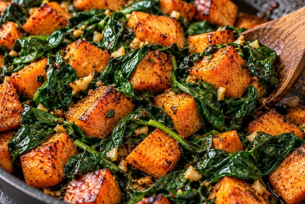 Roasted sweet potatoes and sauteed spinach with garlic in a skillet