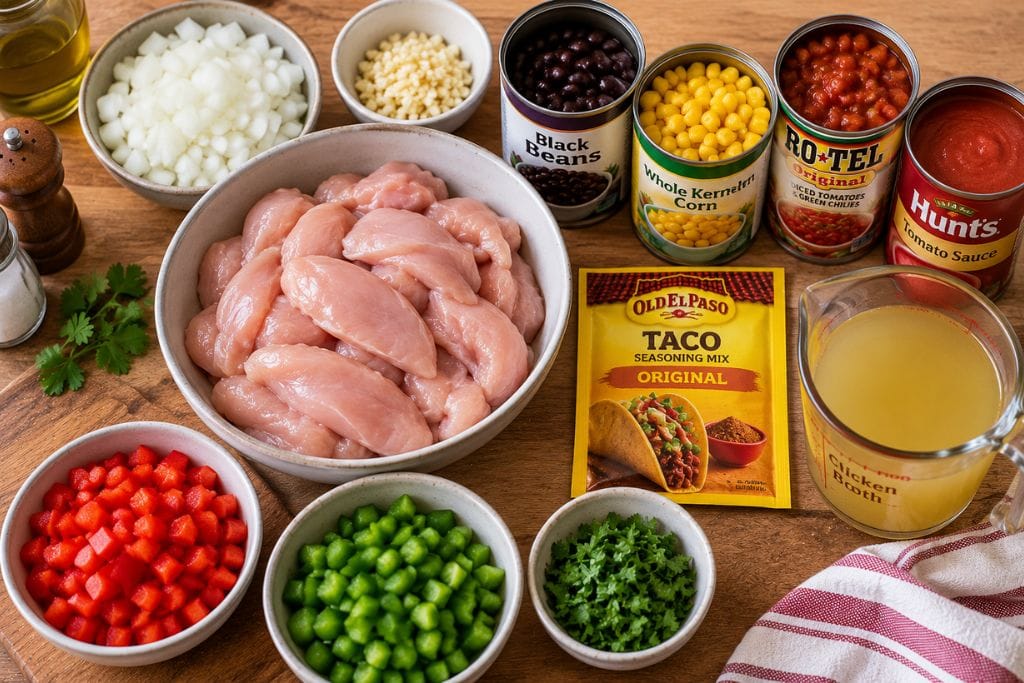 Raw chicken breast, chopped onion and garlic, canned black beans, corn, tomatoes with green chilies, tomato sauce, taco seasoning and chicken broth laid out for chicken taco soup