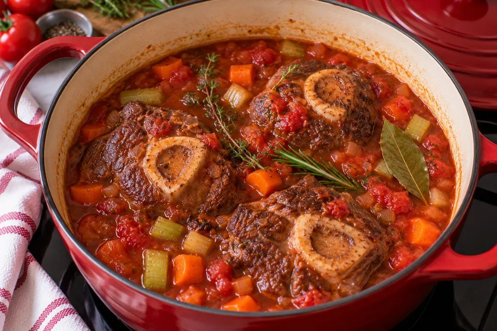 Beef shanks nestled in tomato sauce with herbs in the pot, before covering to simmer