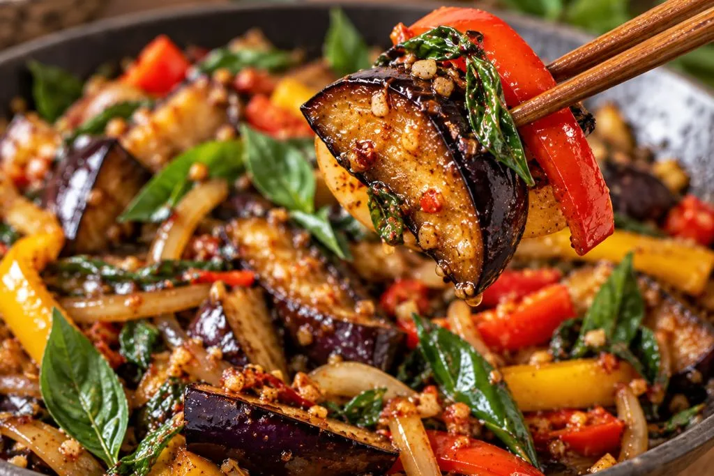 Chopsticks lifting a piece of Thai eggplant with red and yellow bell pepper from the finished dish