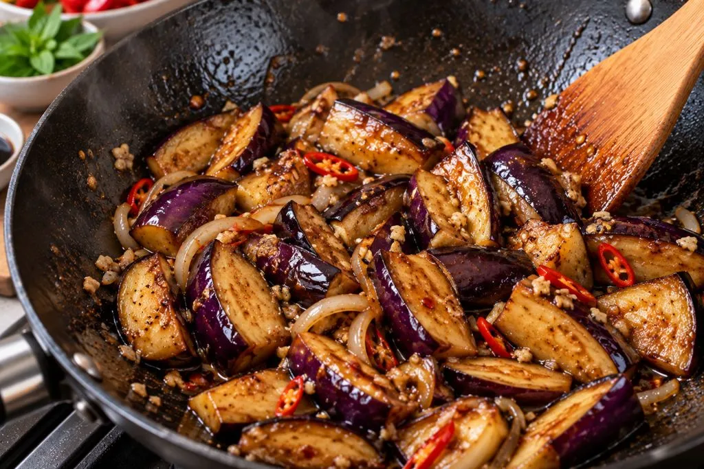 Thai eggplant stir-frying in a wok coated in soy and oyster sauce, before adding the bell peppers