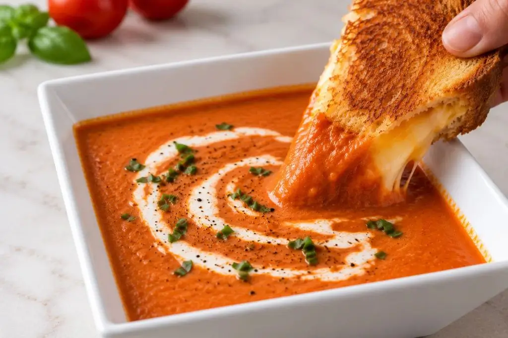 Grilled cheese sandwich dipped into a bowl of creamy tomato basil soup with melted cheese pulling